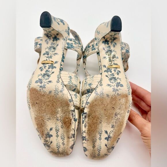 Gucci Gea GG Mid Heel Buds/Floral Blue Leather T-Strap Sandal Pump EU37.5 US7.5 - Picture 12 of 13